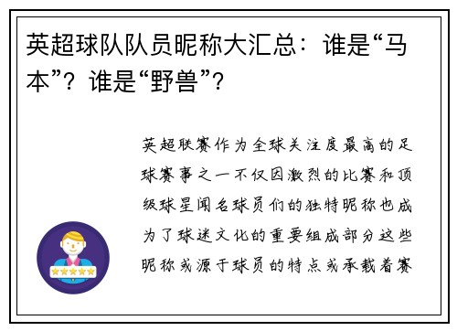 英超球队队员昵称大汇总：谁是“马本”？谁是“野兽”？