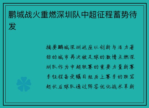 鹏城战火重燃深圳队中超征程蓄势待发